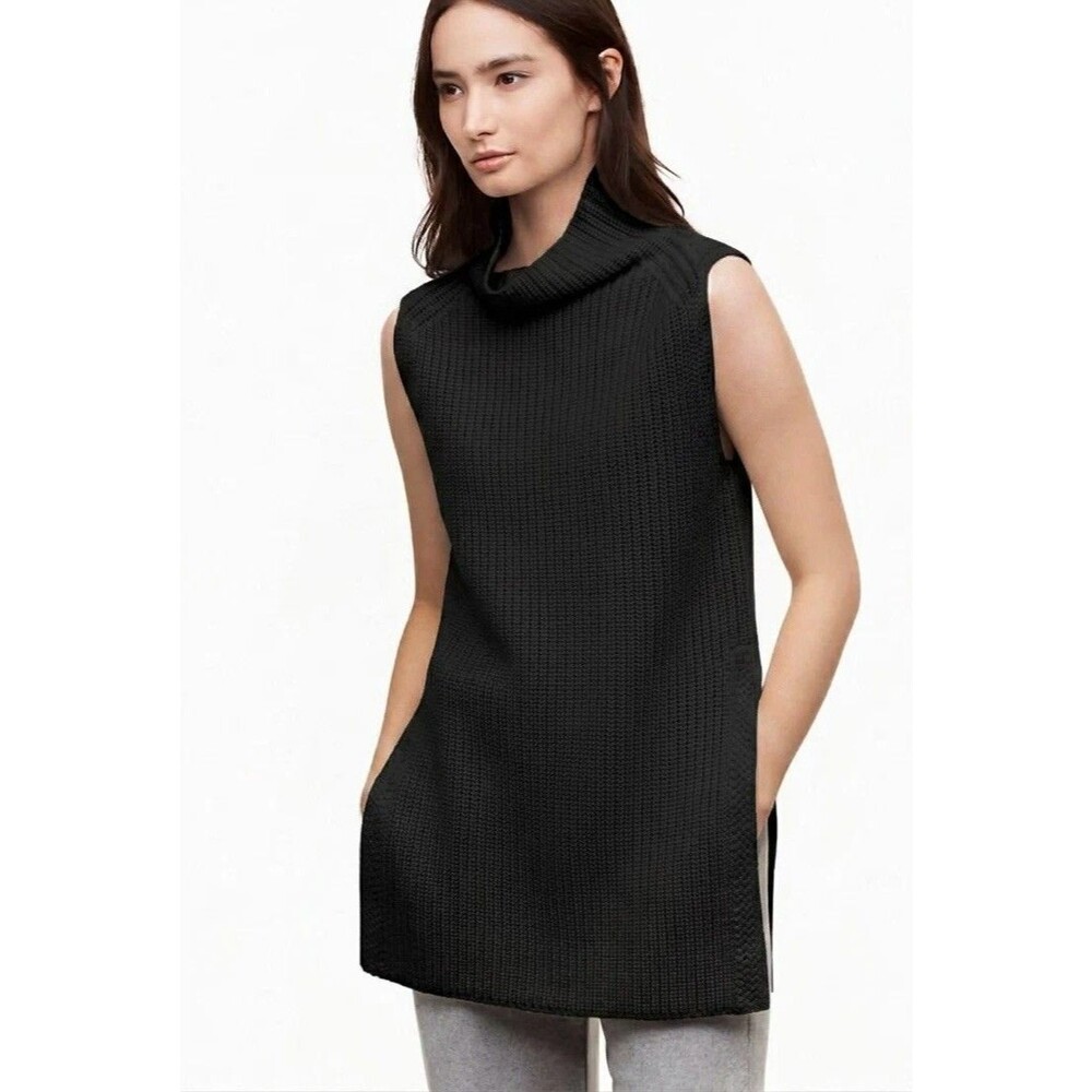 Aritzia Wilfred Small Black Wool Chunky Side Slit Sweater Vest Tunic Minimalist